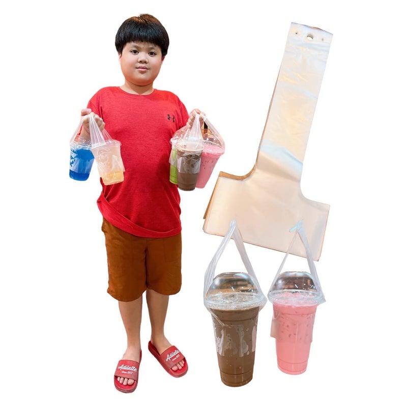 SPICY SERVED 100PCS Plastic Clear Handle Drink Containers Bags for Shops Stores Delivery Hanging Carry Take Out Beverage Coffer Milk Juice Water Tea Hole Liquid Pouches Single or Double Cups (Single Cup) - Image 1